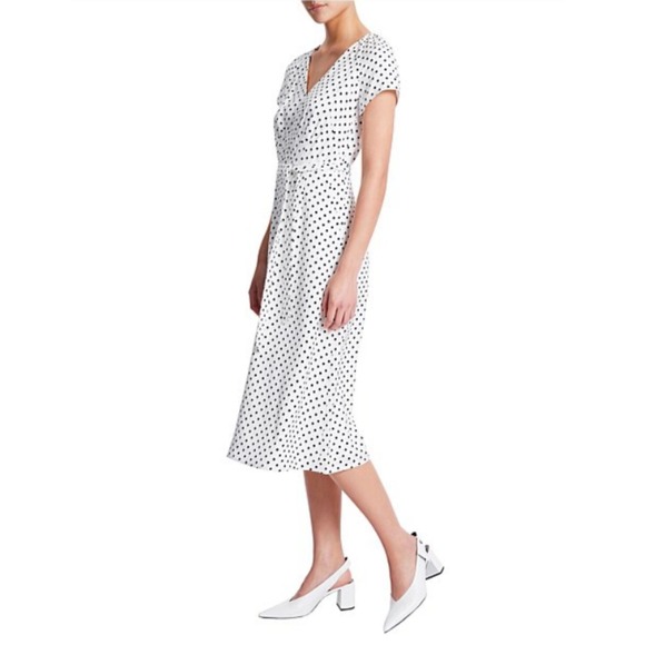 MARCS Dresses & Skirts - MARCS Polka Dot Dress Womens 10 White V-Neck Short Sleeve Midi Fit & Flare NEW